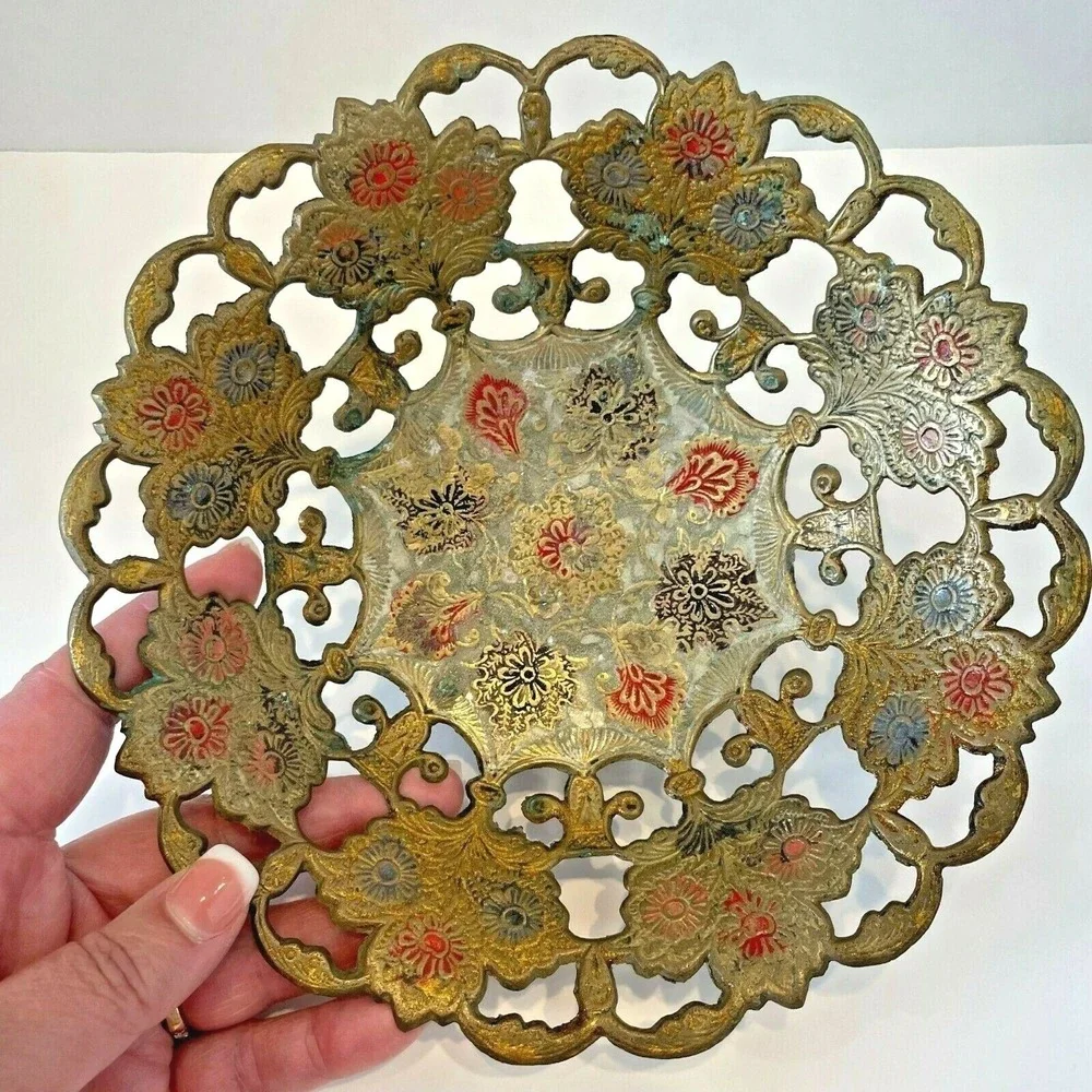 Vintage Brass Enamel Pedestal Bowl Reticulated Openwork Floral India Decorative